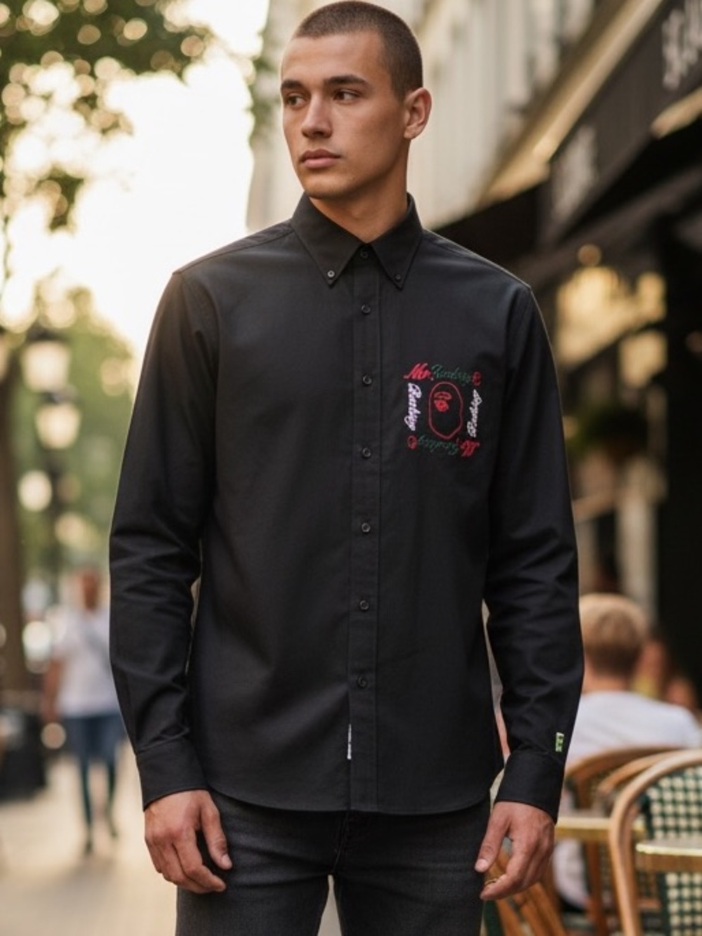 A Bathing Ape Men's Black Button-Down Shirt with Chest Crest Large NWOT